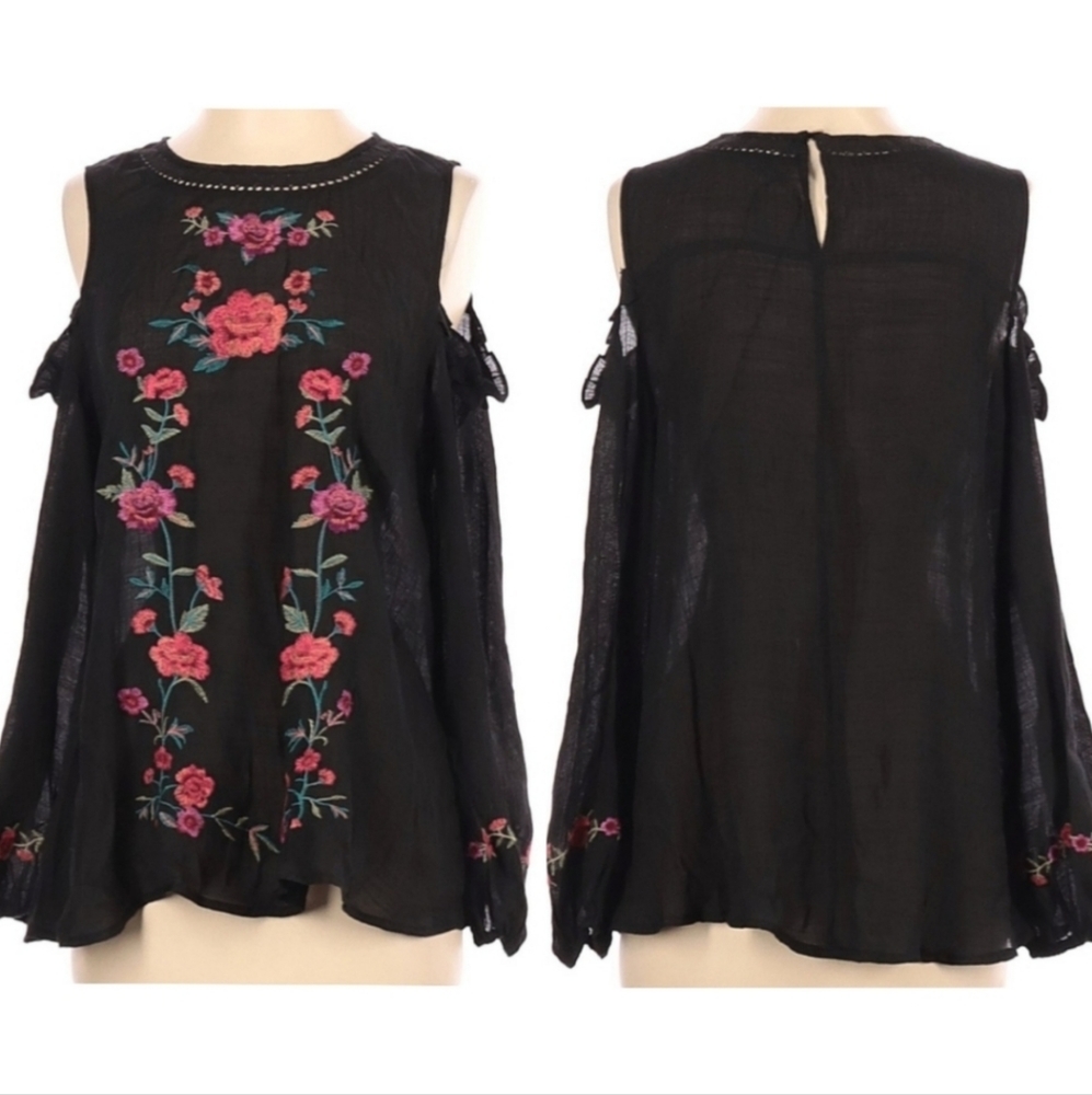 UMGEE Floral Embroidered Gauze Cotton Cold‎ Sleeve Sheer Blouse Top S